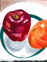 watercolor still life red apple and tangerine