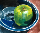 watercolor still life green apple in blue bowl