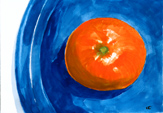 watercolor still life Tangerine on blue plate