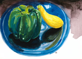 watercolor still life Vegetables on blue plate